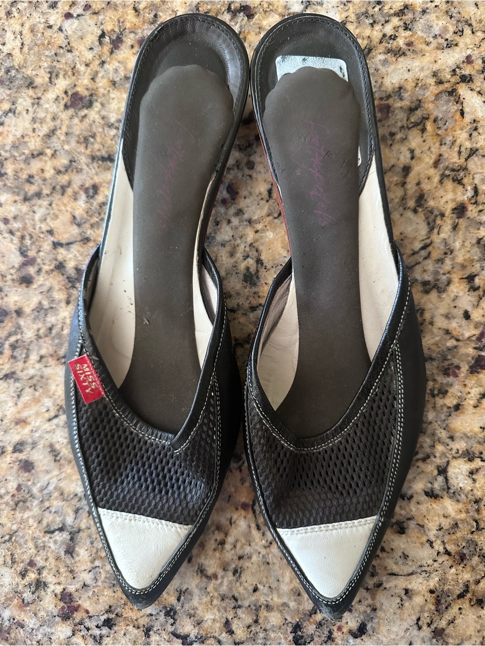 Miss Sixty Black and White Pointed-Toe Mule Flats